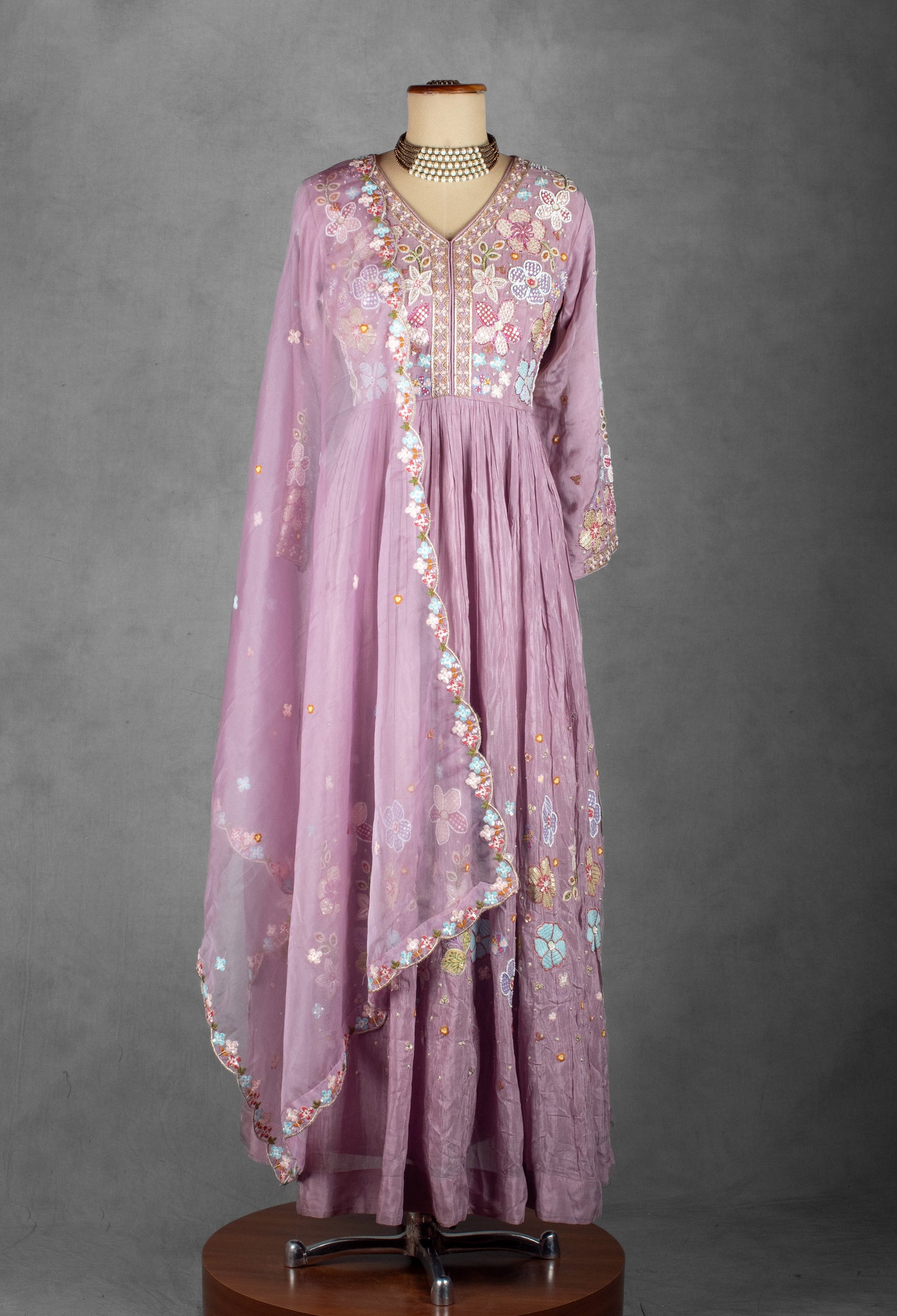 Lavender Floral Embroidered Anarkali Set with Matching Dupatta