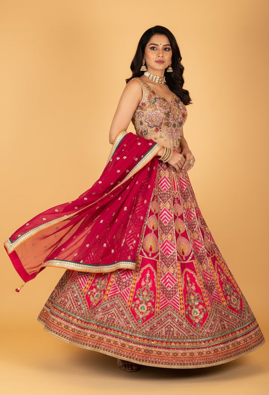 Multi-Color Heavy Embroidered Bridal Lehenga with Mirror & Zari Work and Contrasting Dupatta