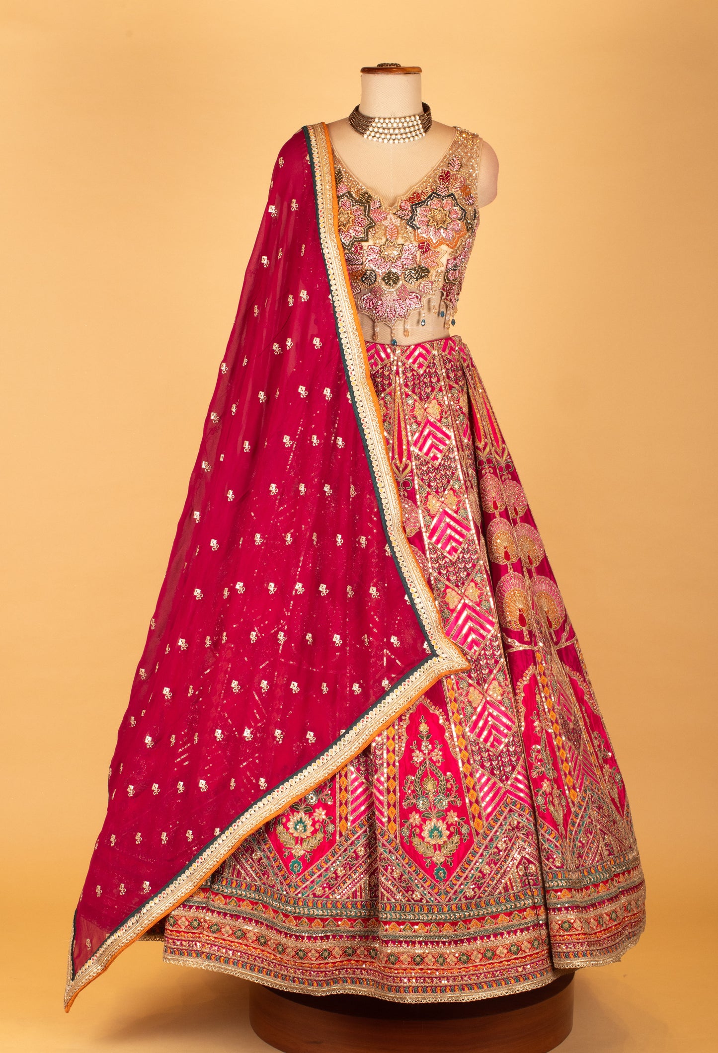 Multi-Color Heavy Embroidered Bridal Lehenga with Mirror & Zari Work and Contrasting Dupatta