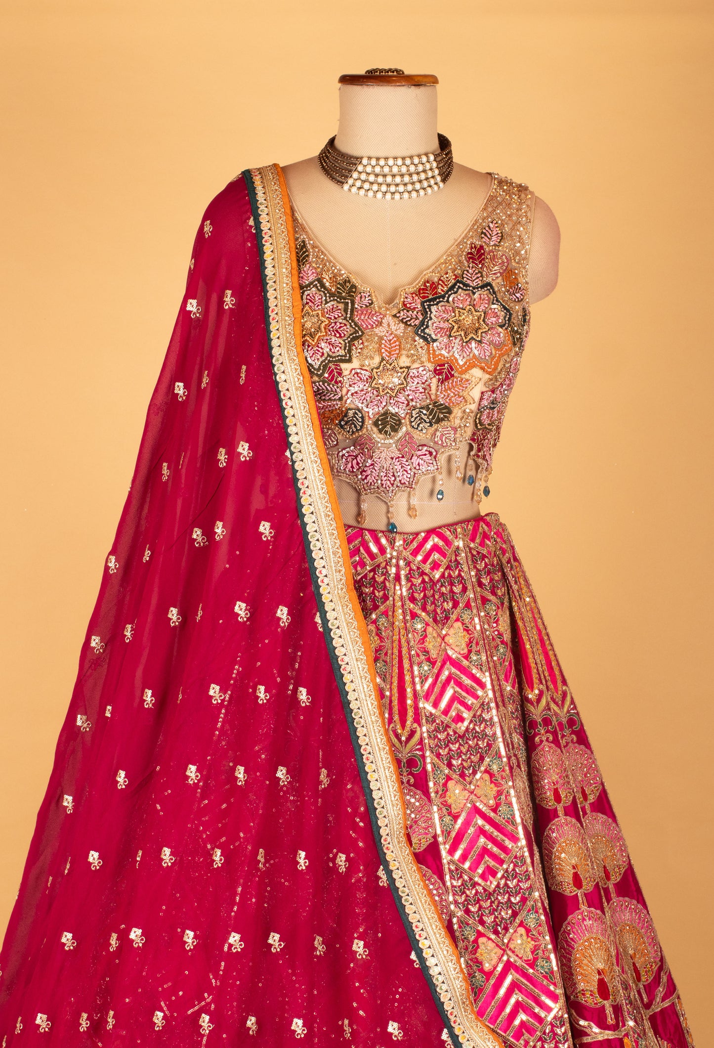 Multi-Color Heavy Embroidered Bridal Lehenga with Mirror & Zari Work and Contrasting Dupatta