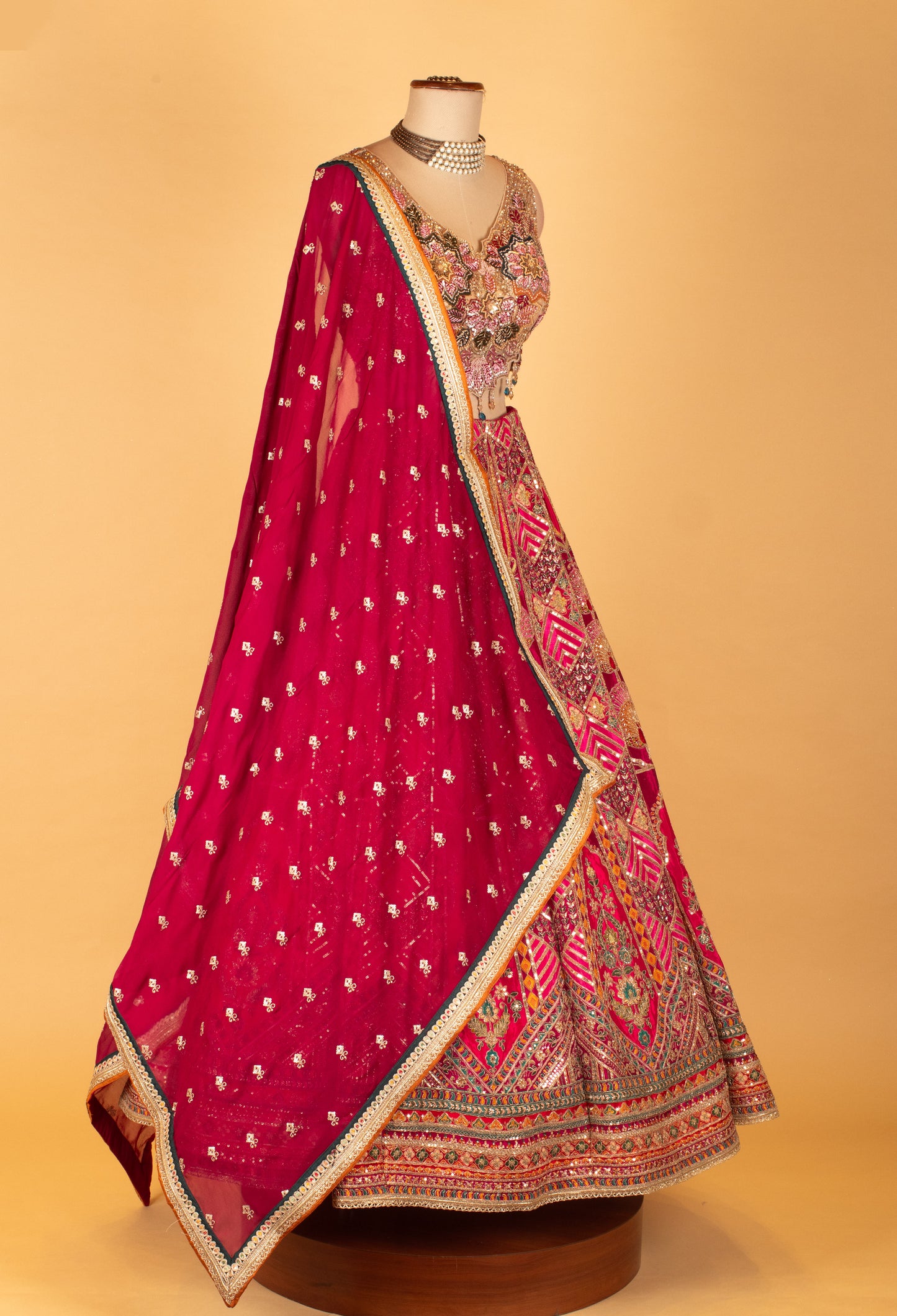 Multi-Color Heavy Embroidered Bridal Lehenga with Mirror & Zari Work and Contrasting Dupatta
