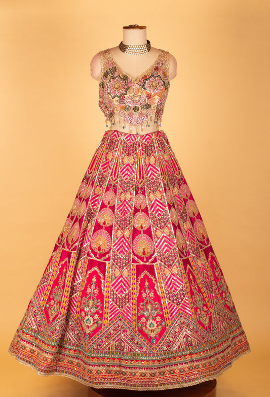Multi-color heavy embroidered bridal lehenga with contrasting dupatta – product image 2
