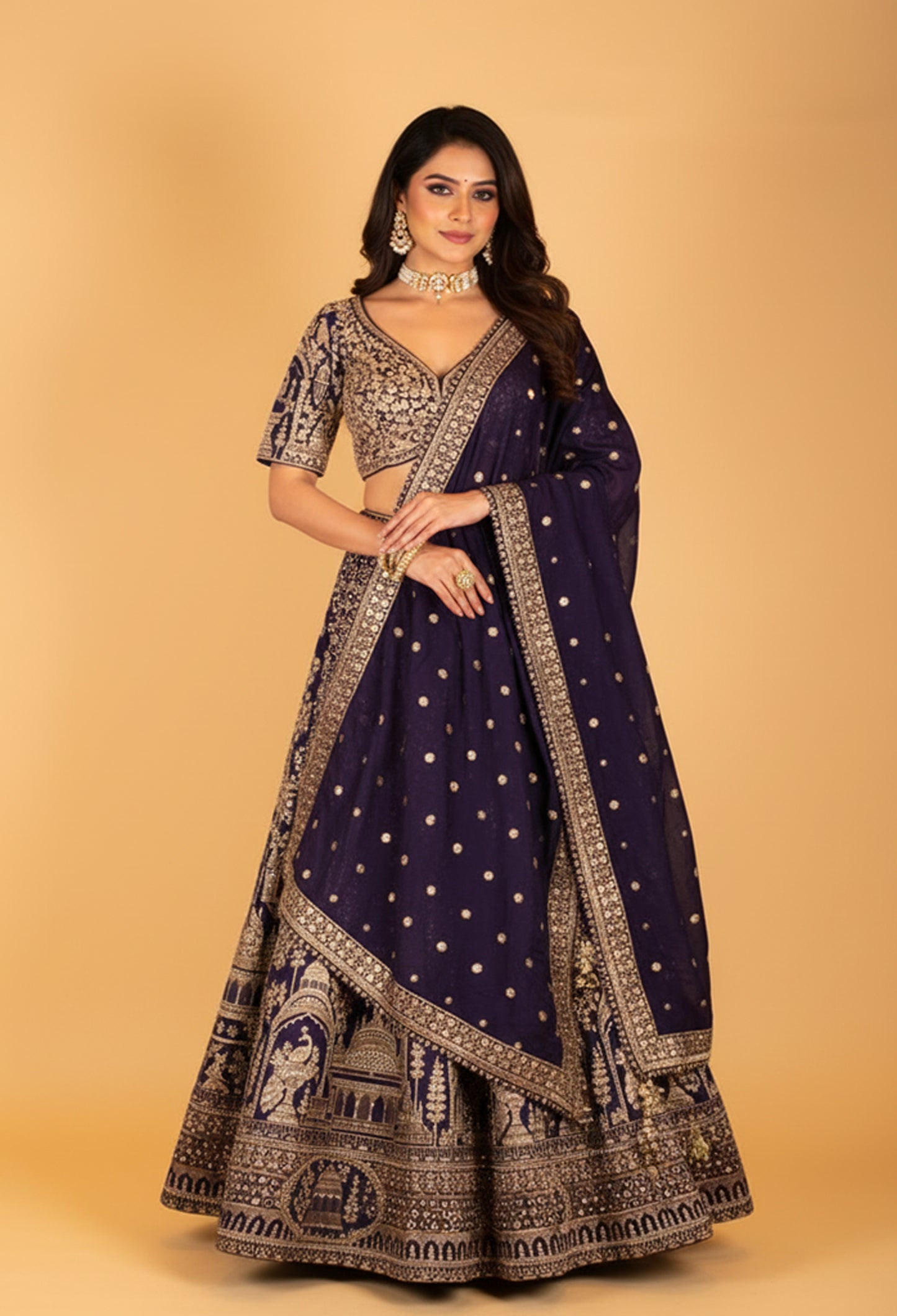 Navy Blue Heavy Zari Embroidered Bridal Lehenga with Temple Motifs & Designer Blouse
