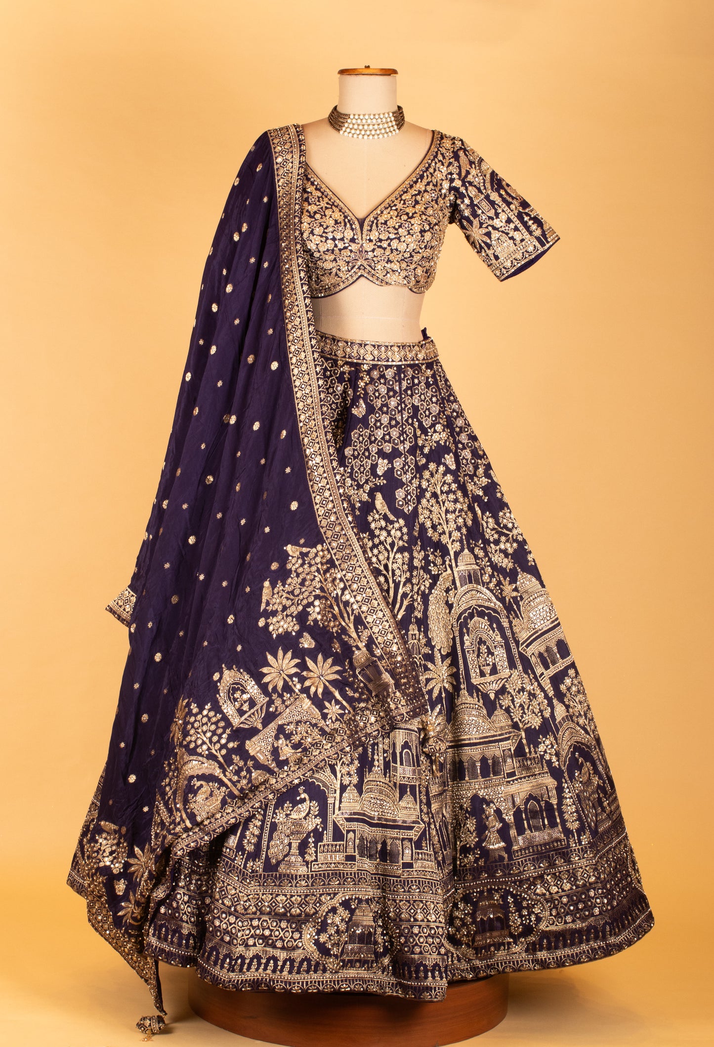 Navy Blue Heavy Zari Embroidered Bridal Lehenga with Temple Motifs & Designer Blouse