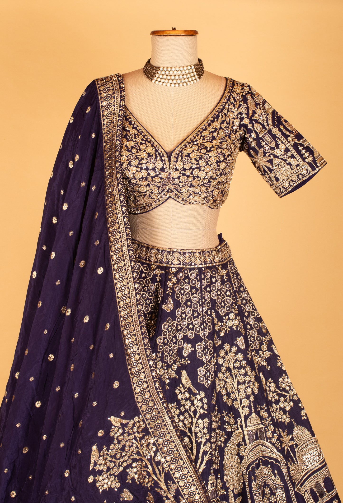Navy Blue Heavy Zari Embroidered Bridal Lehenga with Temple Motifs & Designer Blouse
