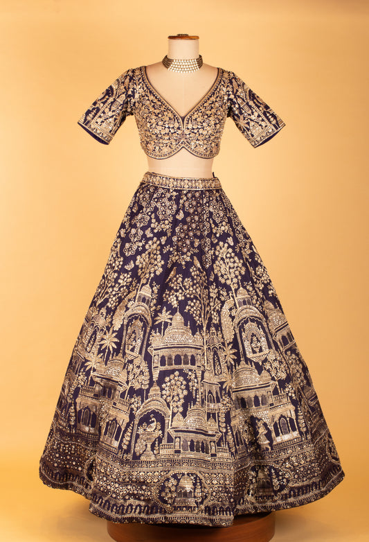 Navy blue heavy zari embroidered bridal lehenga with temple motifs – product image 2
