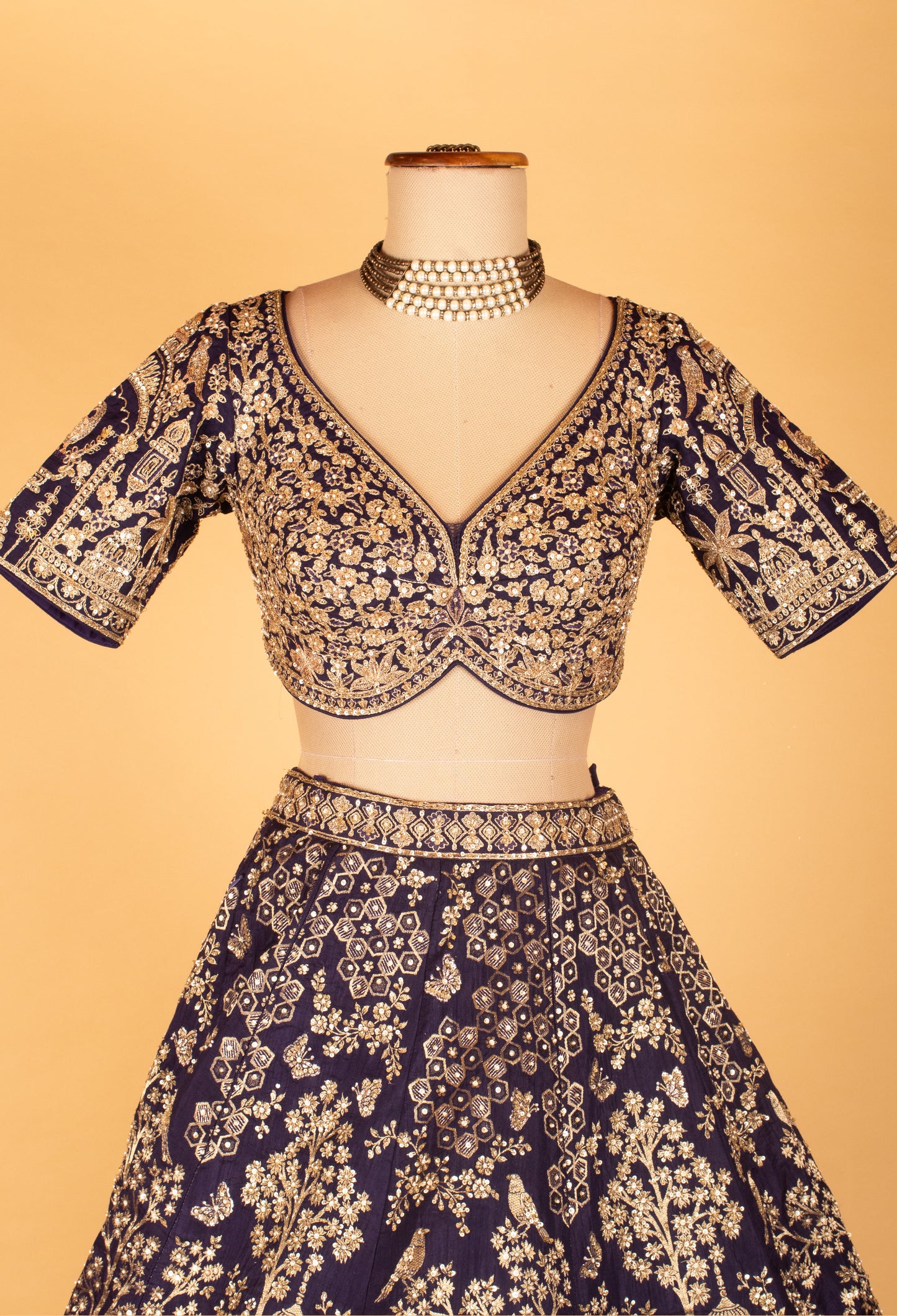 Navy Blue Heavy Zari Embroidered Bridal Lehenga with Temple Motifs & Designer Blouse