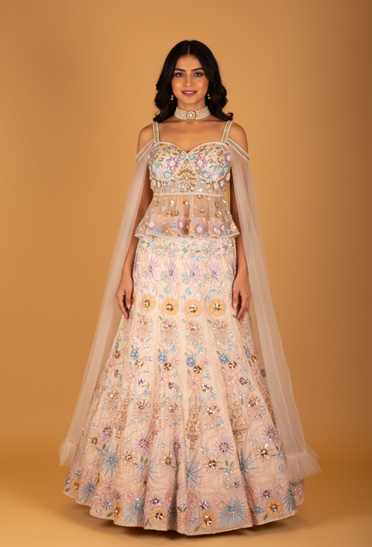 Pastel Multi-Color Floral Embroidered Lehenga Set with Pearled Blouse & Sheer Dupatta