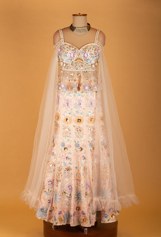 Pastel multi-color floral embroidered lehenga set with pearl blouse – product image 2
