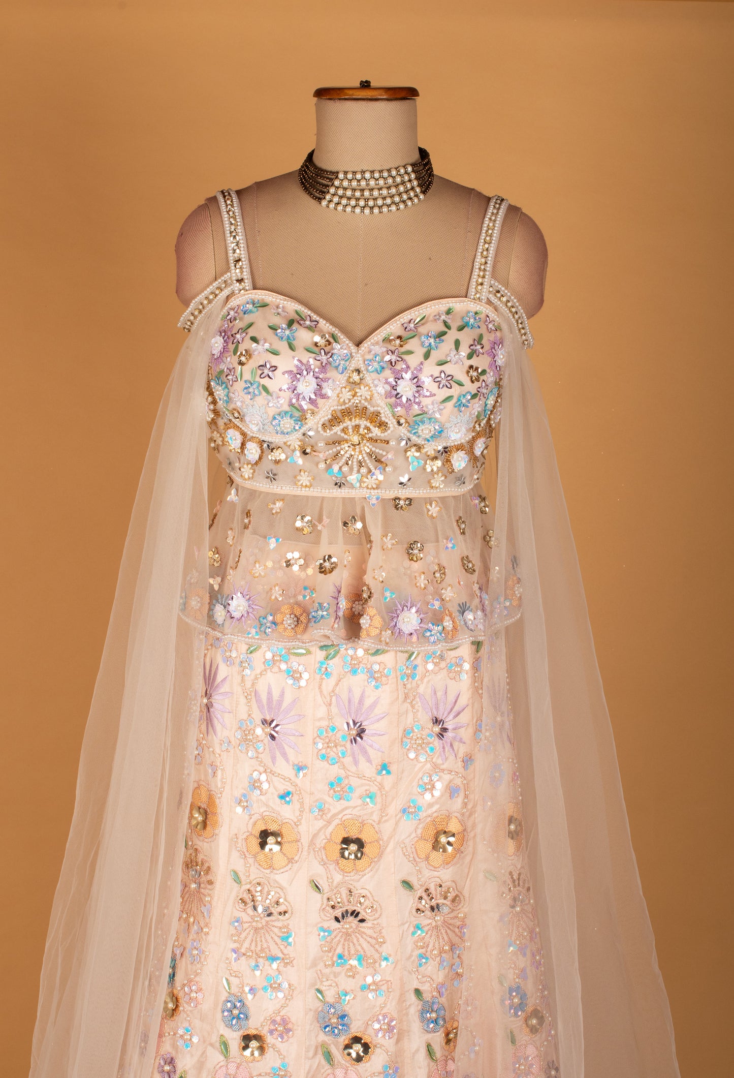 Pastel Multi-Color Floral Embroidered Lehenga Set with Pearled Blouse & Sheer Dupatta