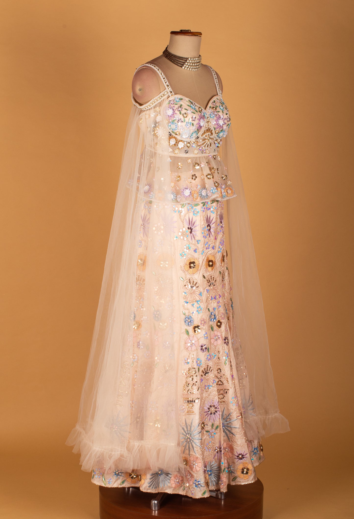 Pastel Multi-Color Floral Embroidered Lehenga Set with Pearled Blouse & Sheer Dupatta