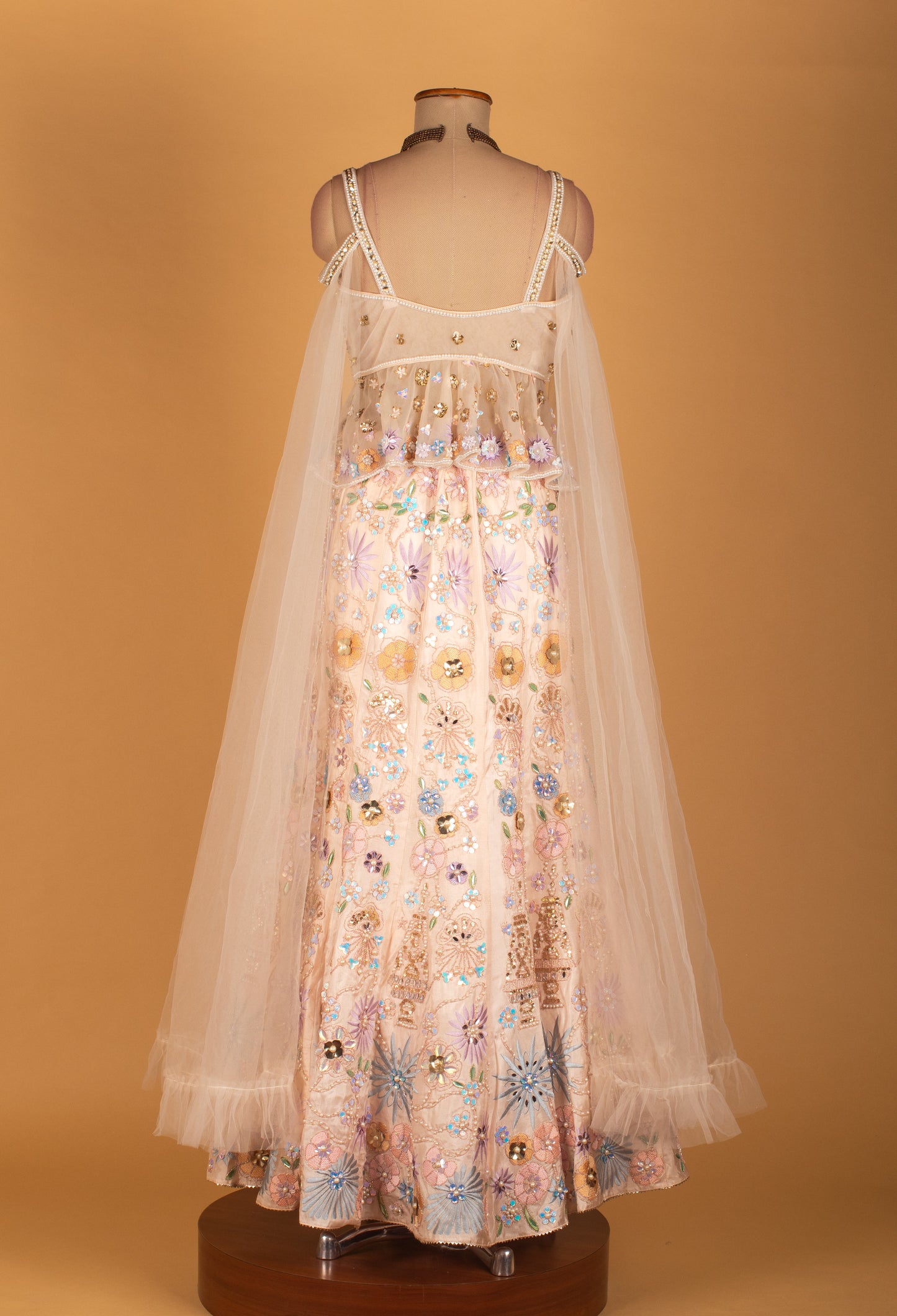 Pastel Multi-Color Floral Embroidered Lehenga Set with Pearled Blouse & Sheer Dupatta