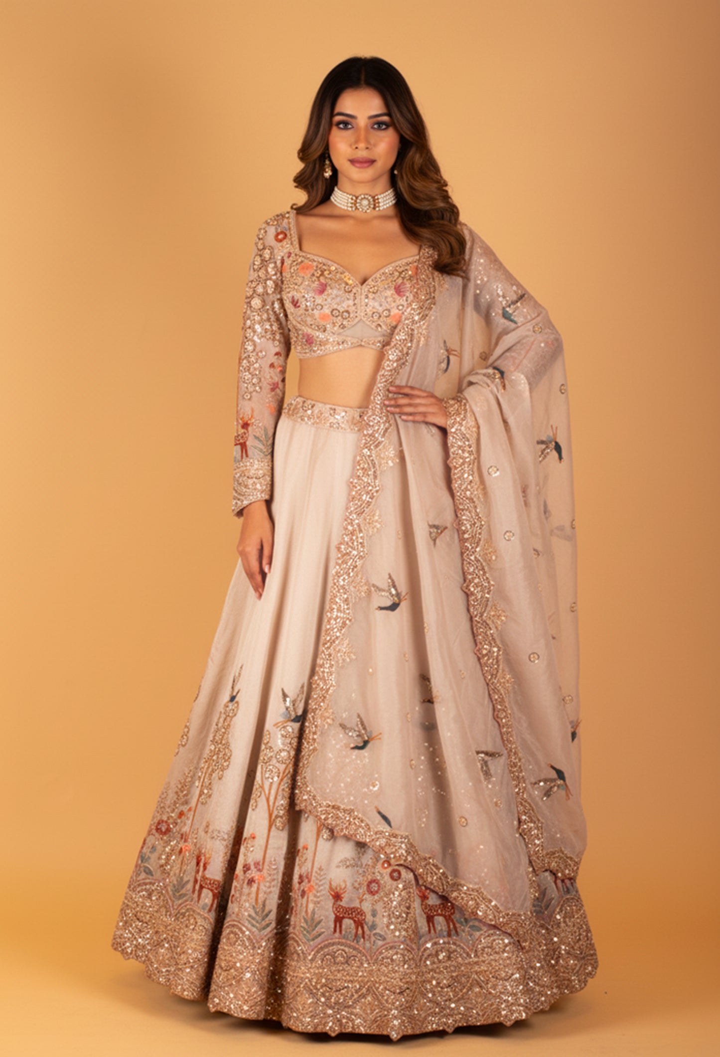 Pastel Peach Embroidered Lehenga with 3D Floral Work & Bird Motifs – Designer Bridal & Festive Wear