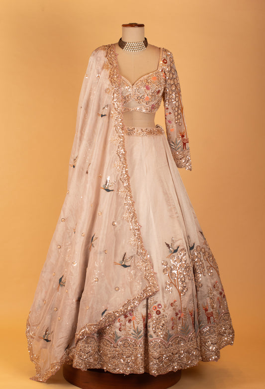 Pastel peach 3D floral embroidered lehenga with bird motifs – product image 2
