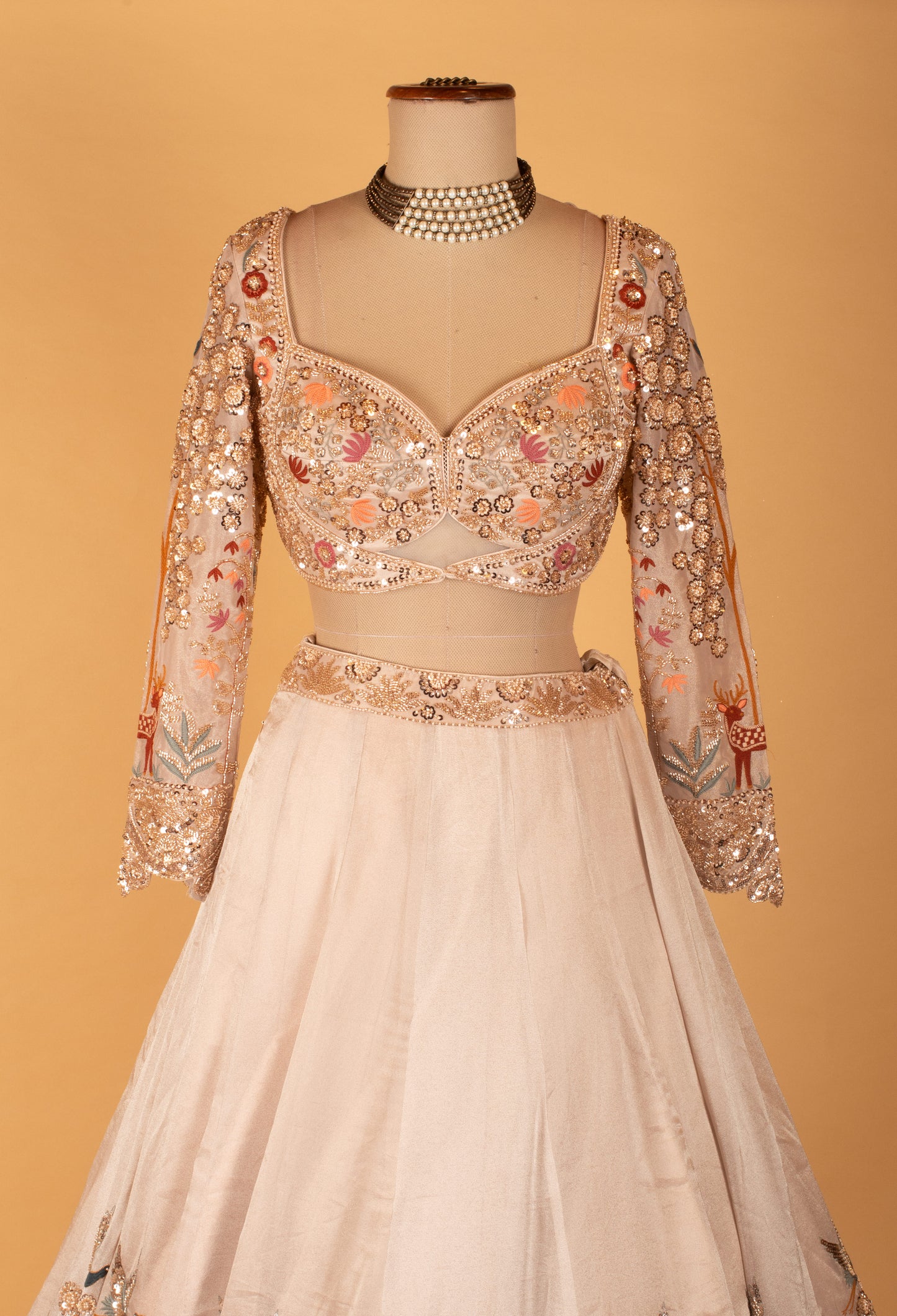 Pastel Peach Embroidered Lehenga with 3D Floral Work & Bird Motifs – Designer Bridal & Festive Wear