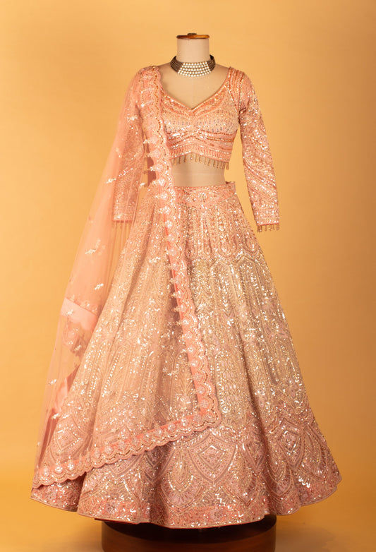 Blush pink heavy sequin embroidered bridal lehenga with full-sleeve blouse – product image 2