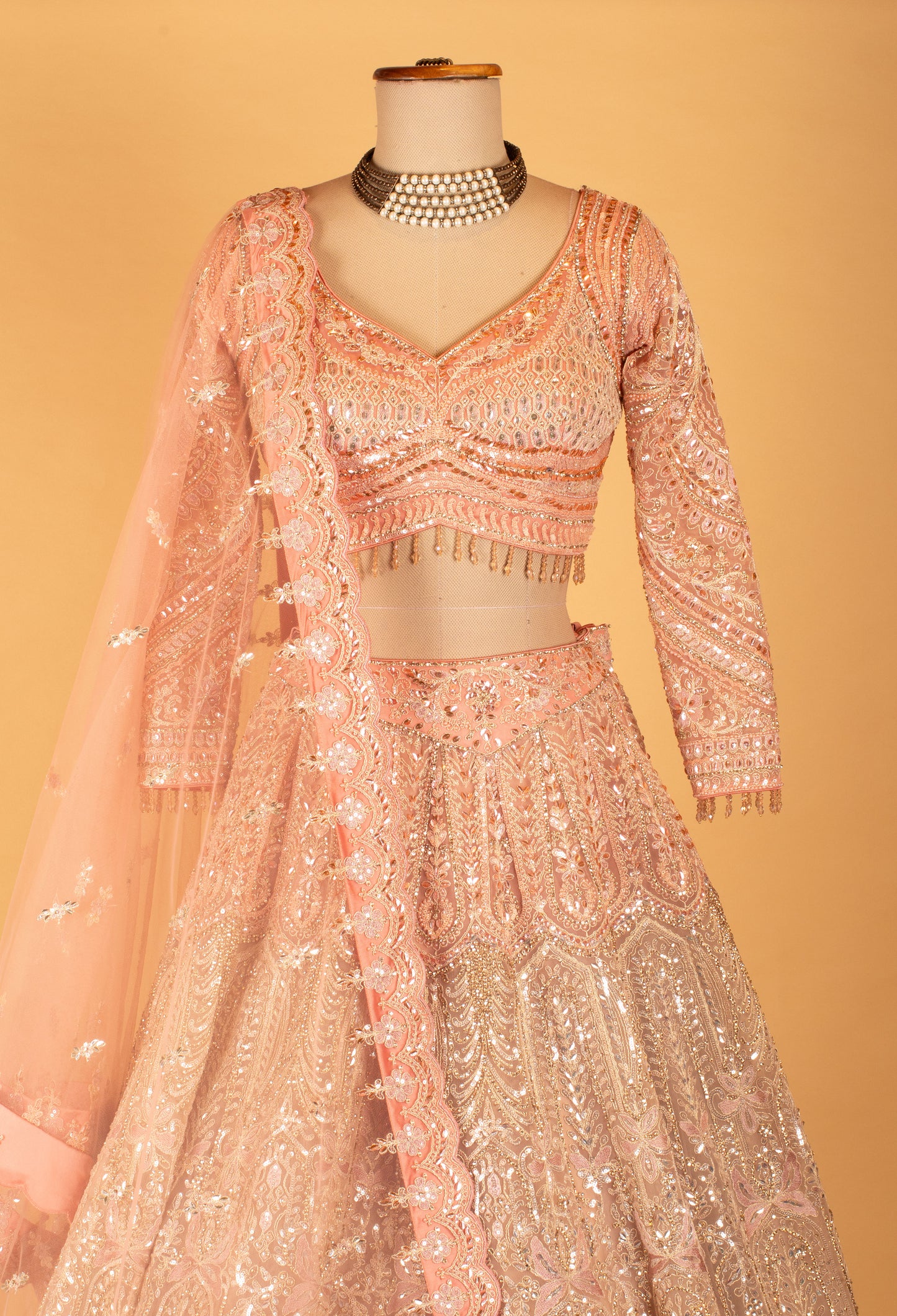 Blush Pink Heavy Sequin Embroidered Bridal Lehenga with Full-Sleeve Blouse & Dupatta