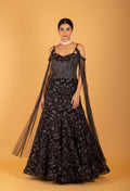 Black Heavy Sequin Embroidered Evening Gown with Strappy Bodice & Sheer Trail