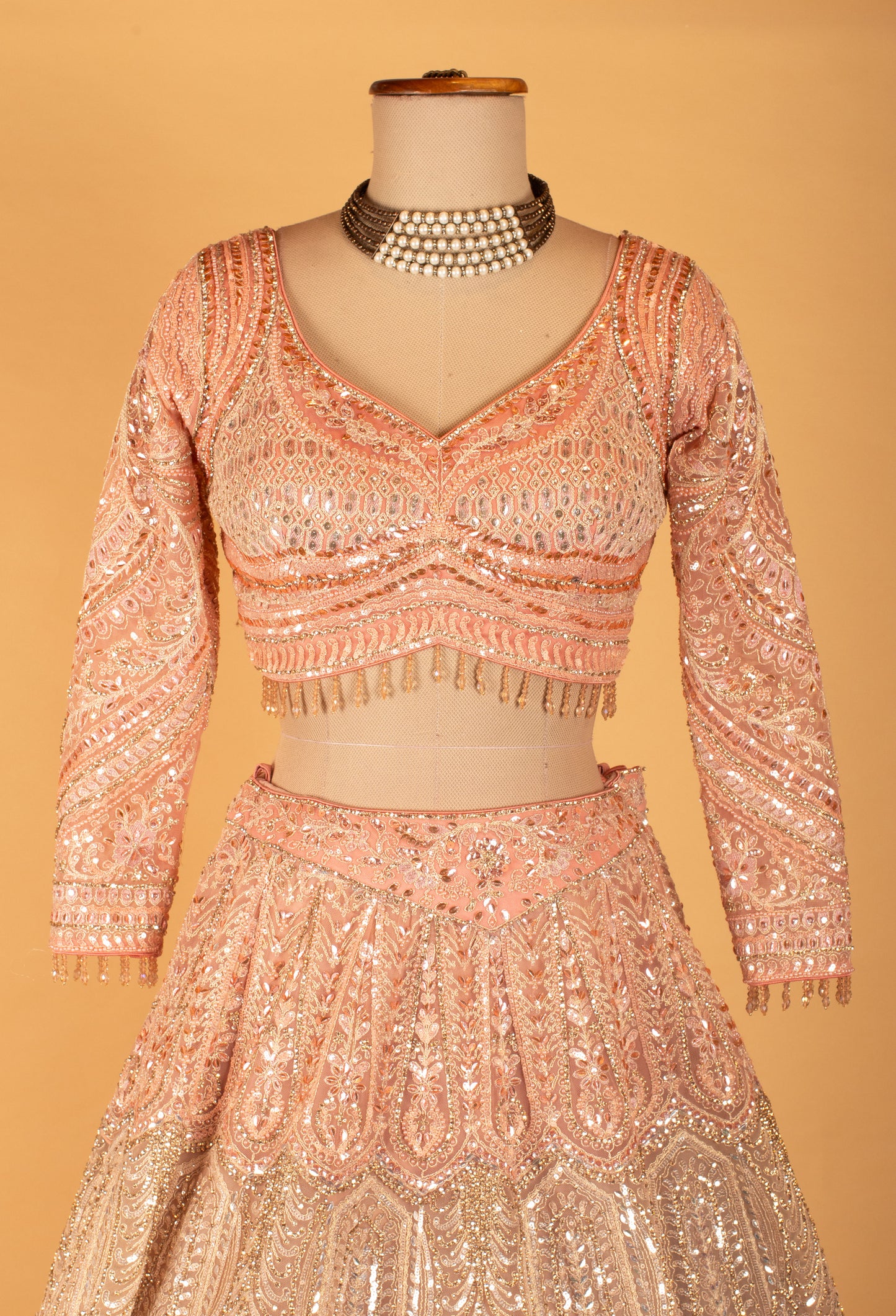 Blush Pink Heavy Sequin Embroidered Bridal Lehenga with Full-Sleeve Blouse & Dupatta