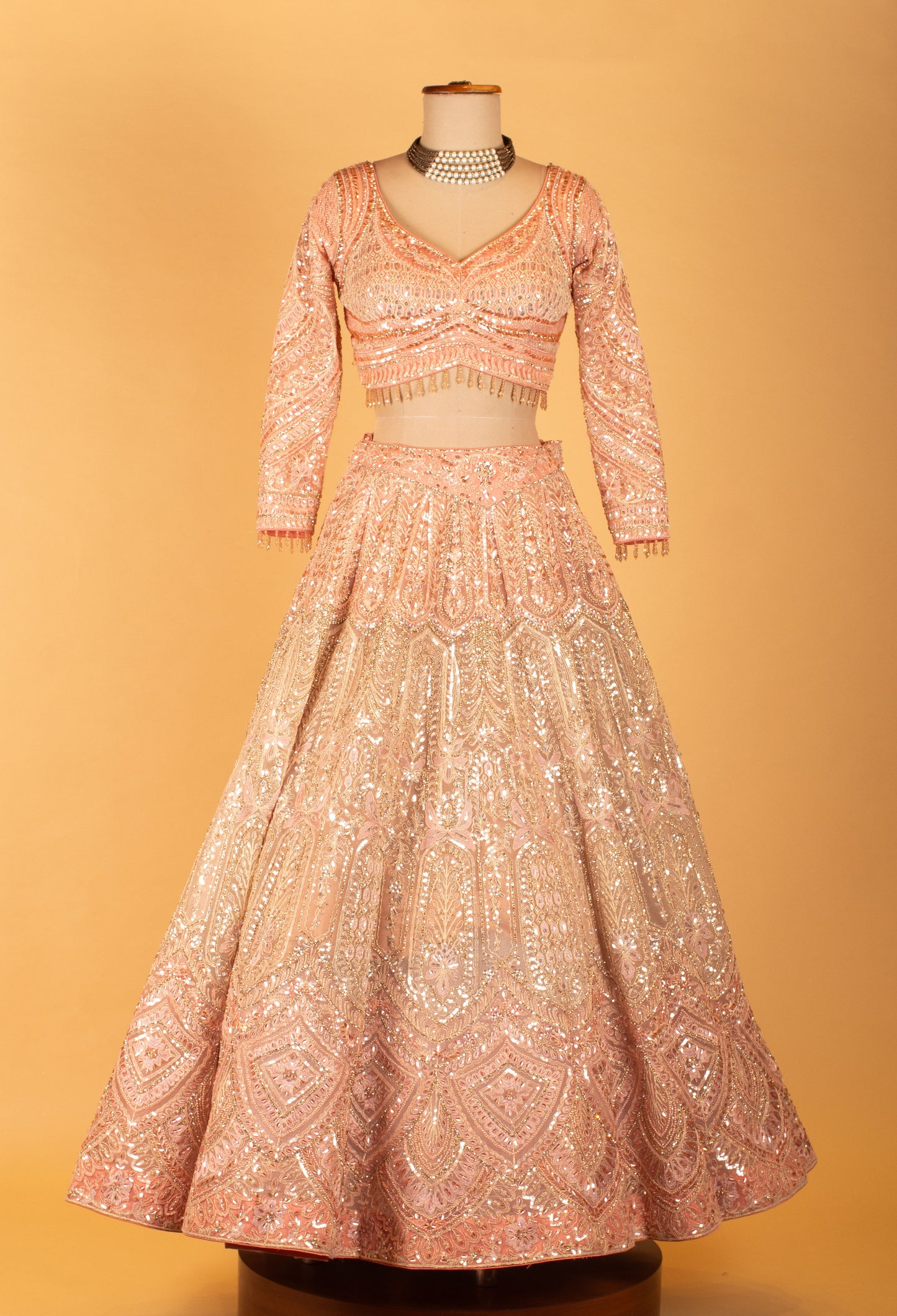 Blush Pink Heavy Sequin Embroidered Bridal Lehenga with Full-Sleeve Blouse & Dupatta