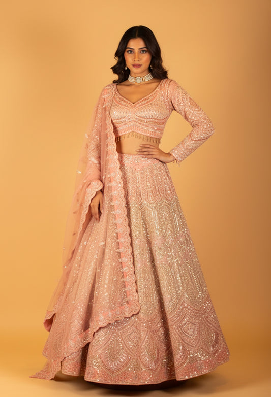 Blush Pink Heavy Sequin Embroidered Bridal Lehenga with Full-Sleeve Blouse & Dupatta