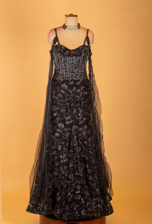 Black heavy sequin embroidered evening gown with strappy bodice – product image 2