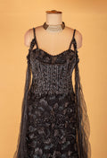 Black Heavy Sequin Embroidered Evening Gown with Strappy Bodice & Sheer Trail