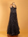 Black Heavy Sequin Embroidered Evening Gown with Strappy Bodice & Sheer Trail