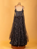 Black Heavy Sequin Embroidered Evening Gown with Strappy Bodice & Sheer Trail
