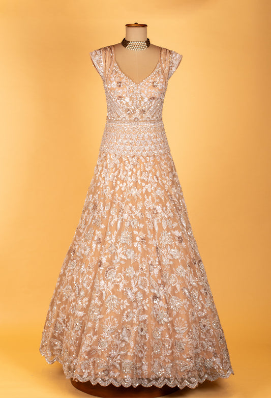 Peach heavy embroidered sequin gown with floral detailing – product image 2