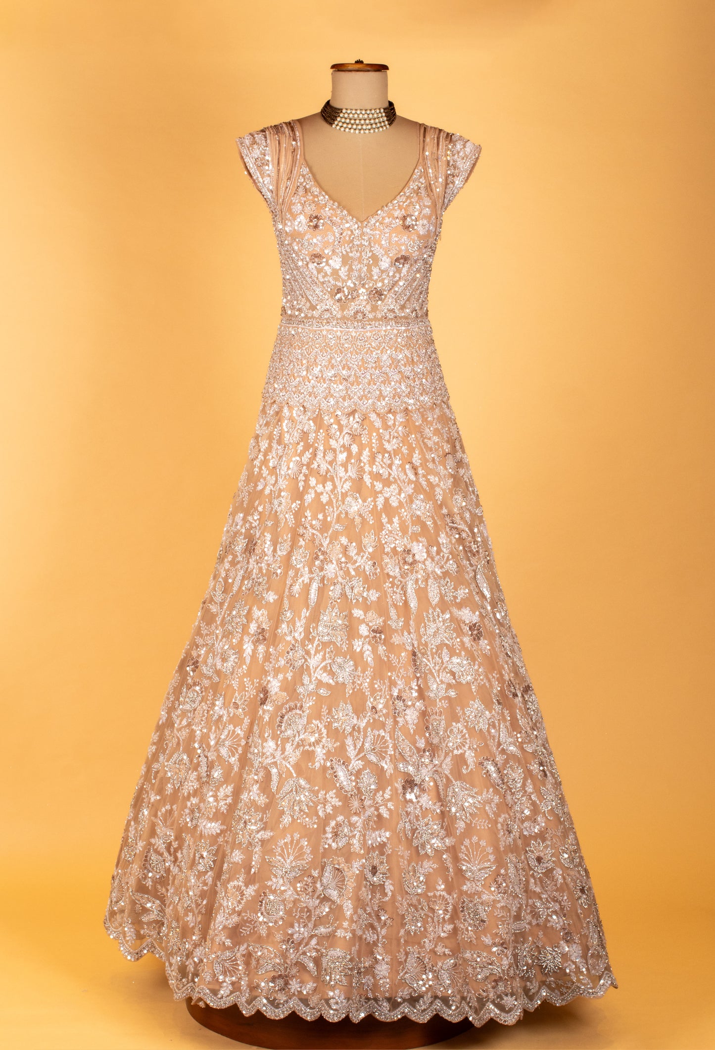 Peach Heavy Embroidered Sequins Gown with Floral Detailing – Designer Party & Bridal Wear