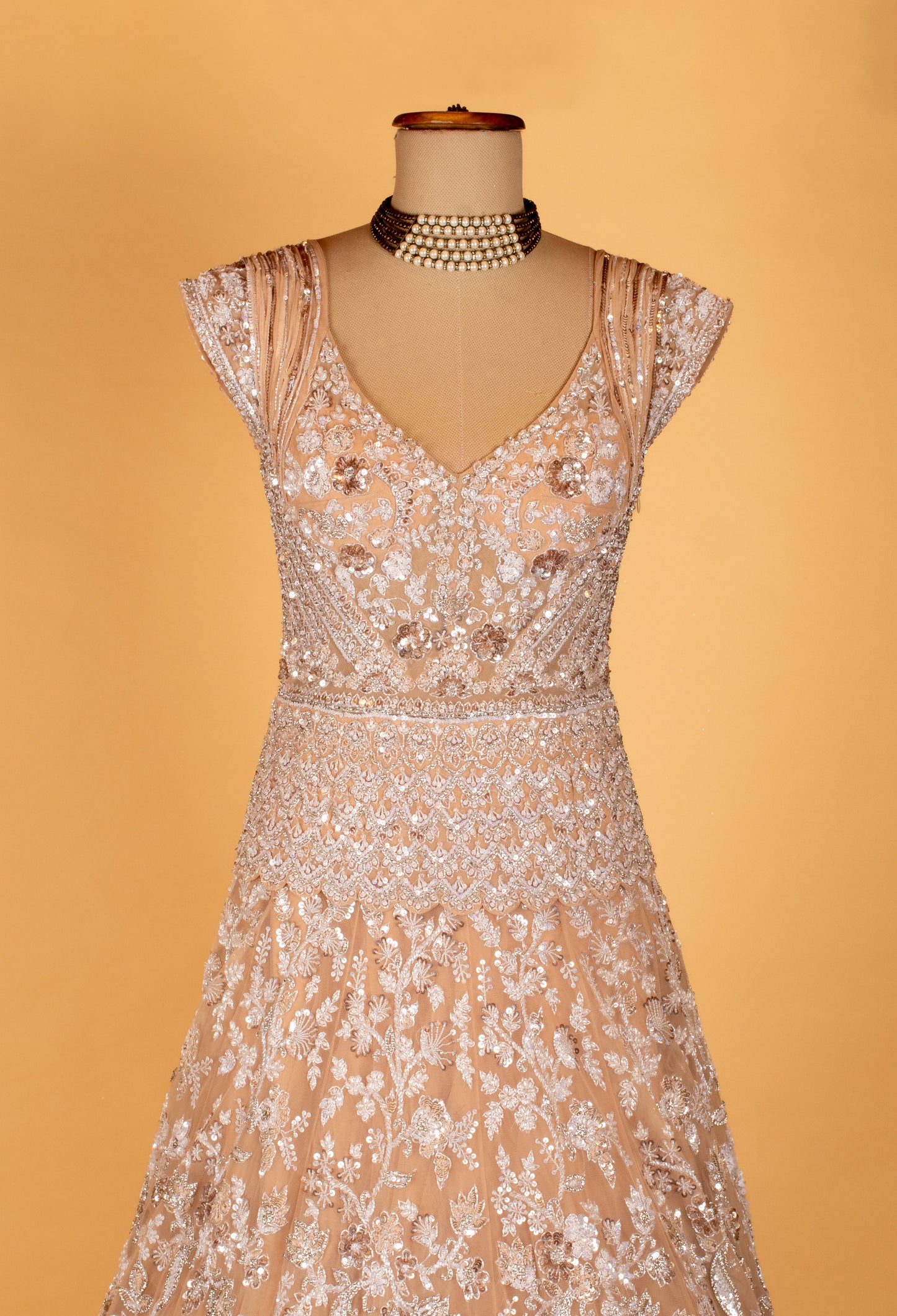 Peach Heavy Embroidered Sequins Gown with Floral Detailing – Designer Party & Bridal Wear