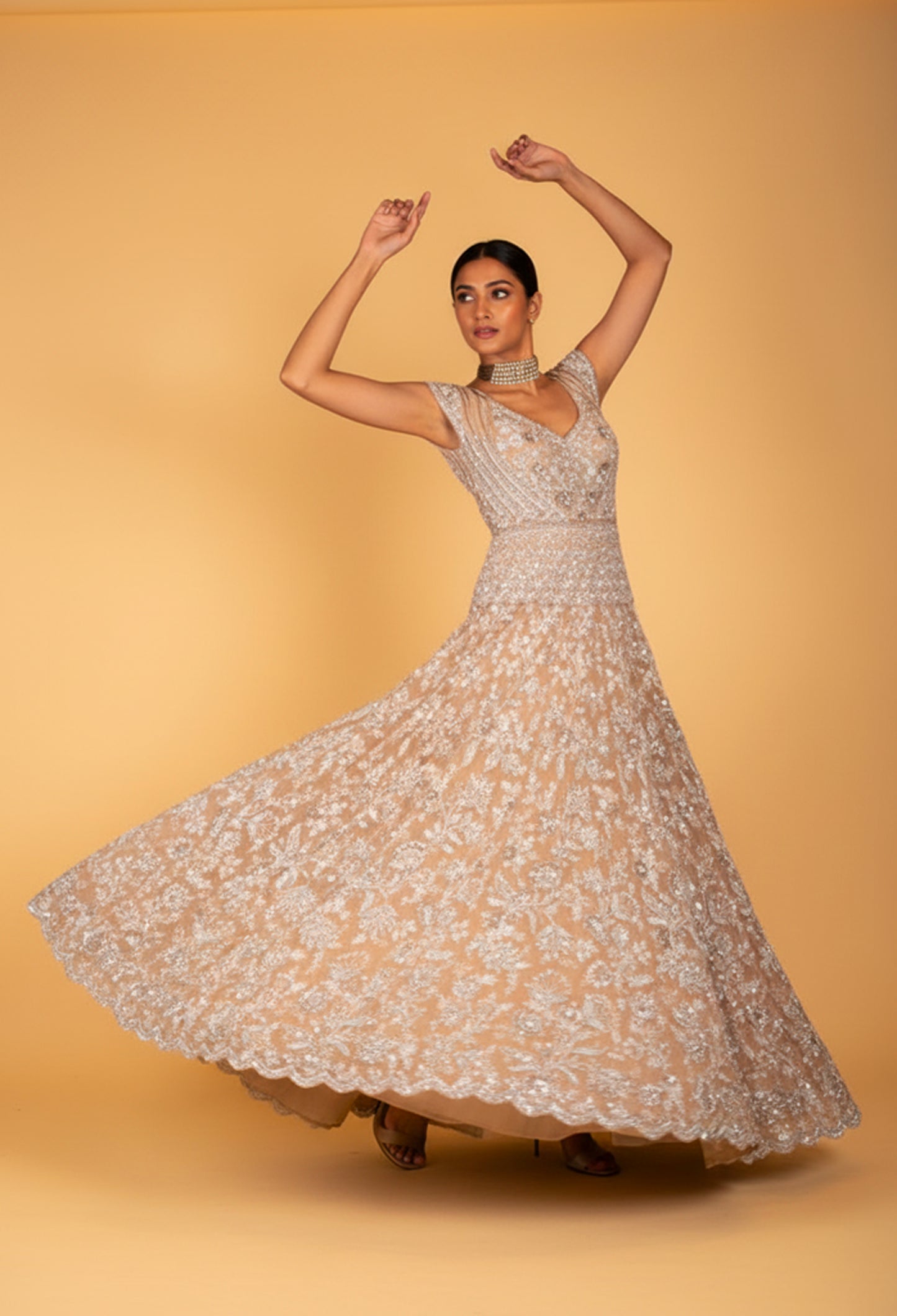 Peach Heavy Embroidered Sequins Gown with Floral Detailing – Designer Party & Bridal Wear