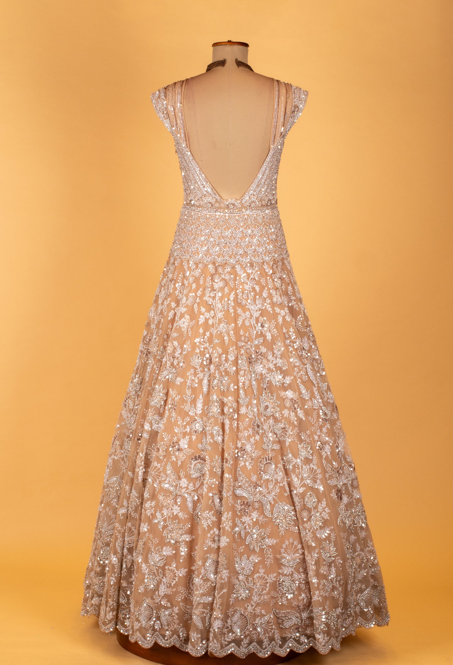 Peach Heavy Embroidered Sequins Gown with Floral Detailing – Designer Party & Bridal Wear