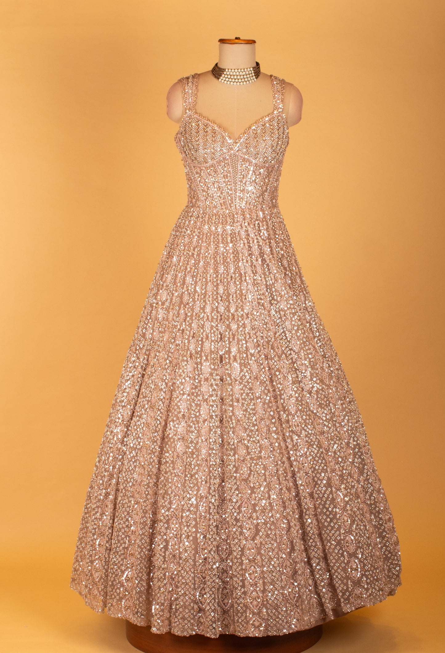 Blush Pink Heavy Sequin Embellished Ball Gown with Corset Bodice – Luxury Evening Wear