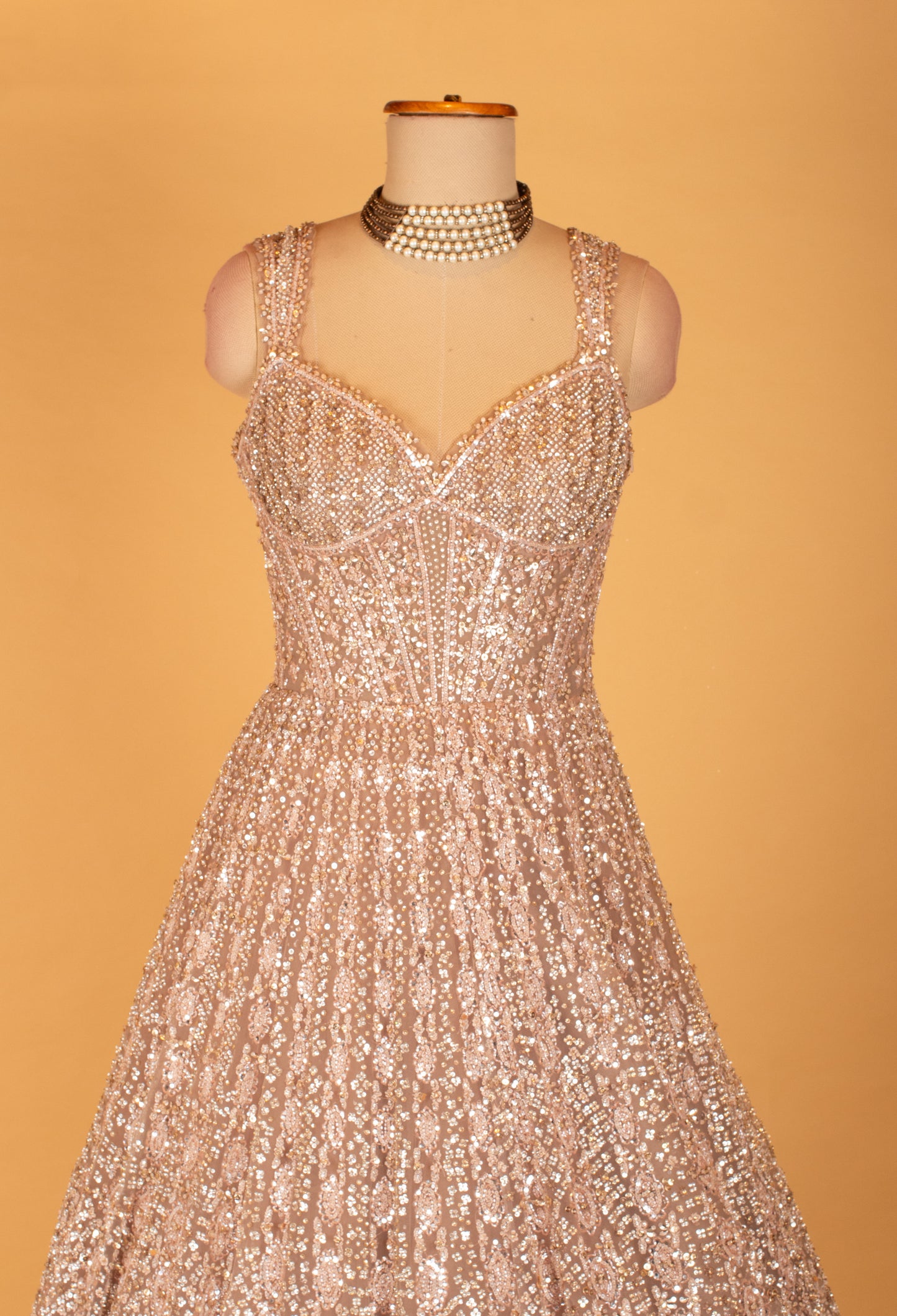 Blush Pink Heavy Sequin Embellished Ball Gown with Corset Bodice – Luxury Evening Wear