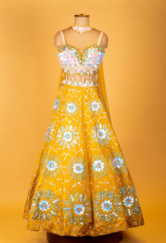 Yellow 3D floral embroidered designer lehenga with mirror work blouse – product image 2