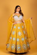 Yellow 3D Floral Embroidered Designer Lehenga with Mirror Work & Statement Blouse