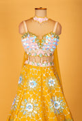 Yellow 3D Floral Embroidered Designer Lehenga with Mirror Work & Statement Blouse