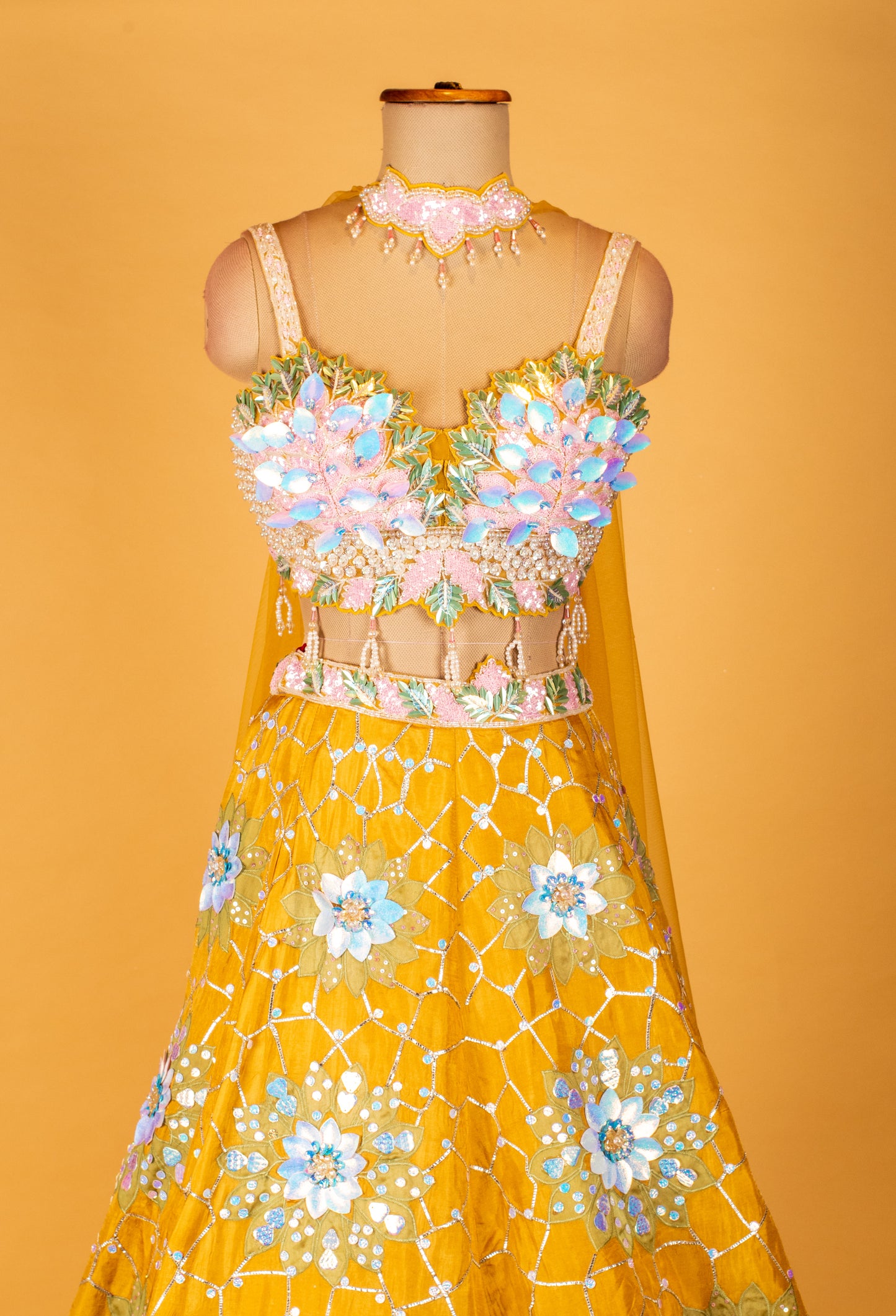 Yellow 3D Floral Embroidered Designer Lehenga with Mirror Work & Statement Blouse
