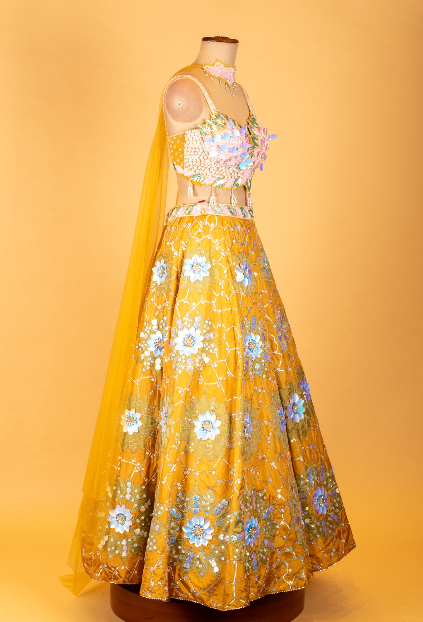 Yellow 3D Floral Embroidered Designer Lehenga with Mirror Work & Statement Blouse