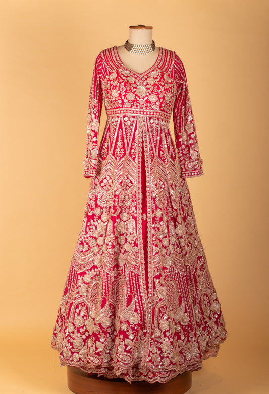 Bridal red zari embroidered Anarkali gown with designer dupatta – product image 2