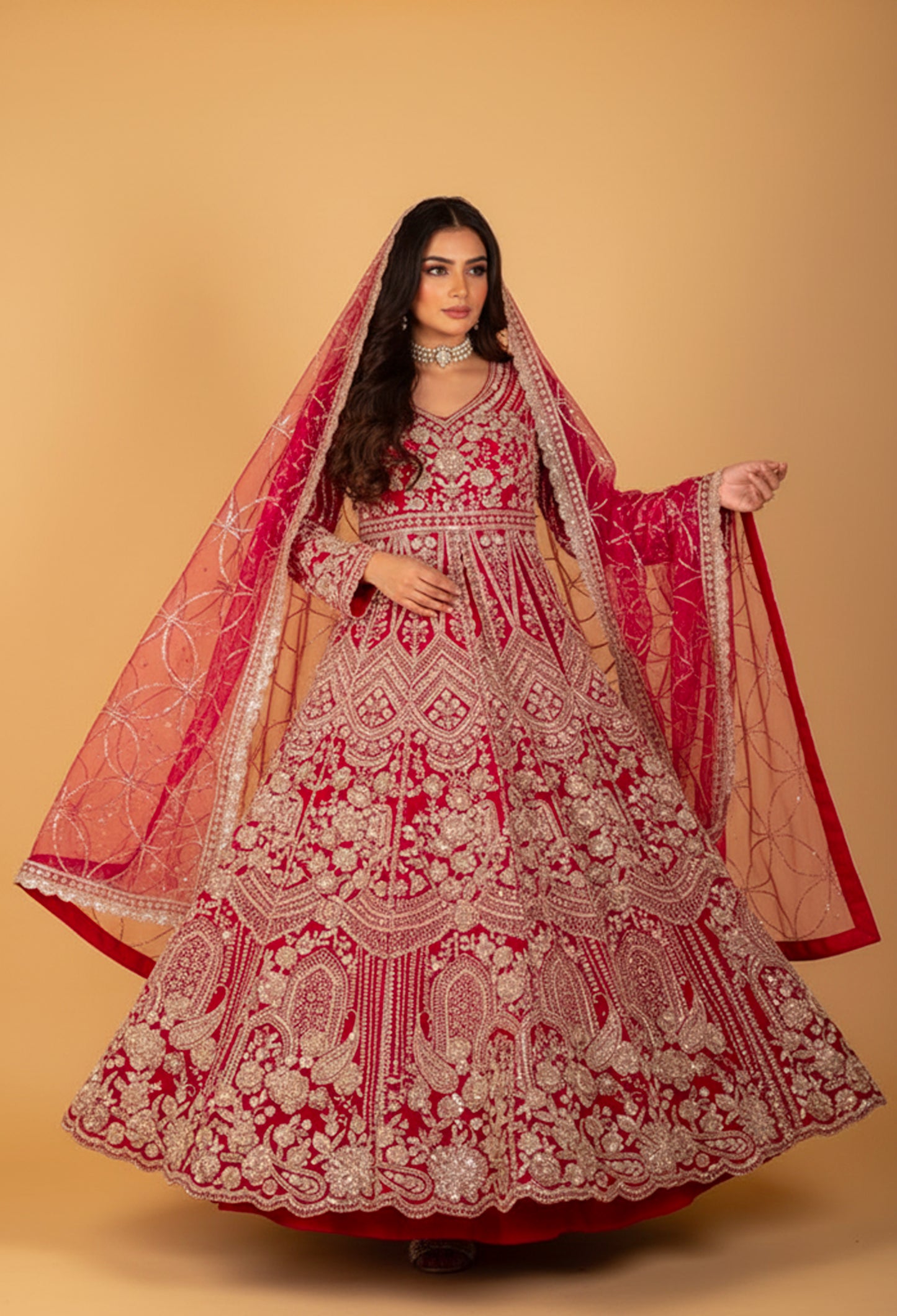 Bridal Red Heavy Zari Embroidered Anarkali Gown with Designer Dupatta