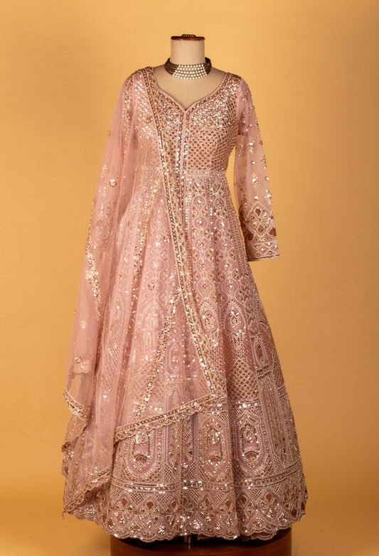 Blush pink embroidered Anarkali gown with dupatta – product image 2
