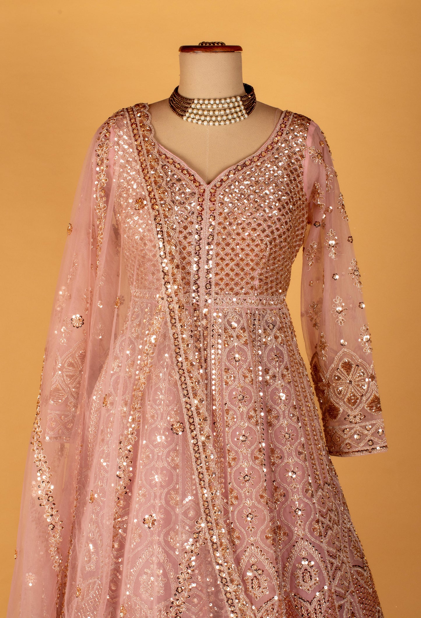 Blush Pink Heavy Embroidered Sequin Work Anarkali Gown with Dupatta
