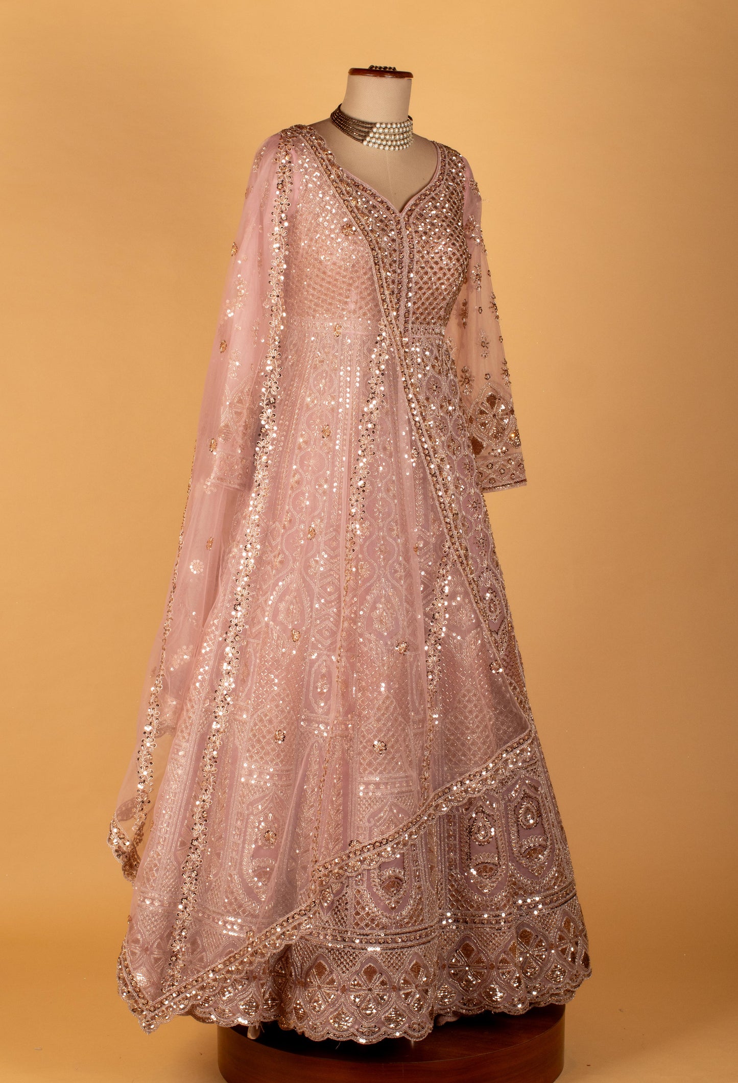 Blush Pink Heavy Embroidered Sequin Work Anarkali Gown with Dupatta