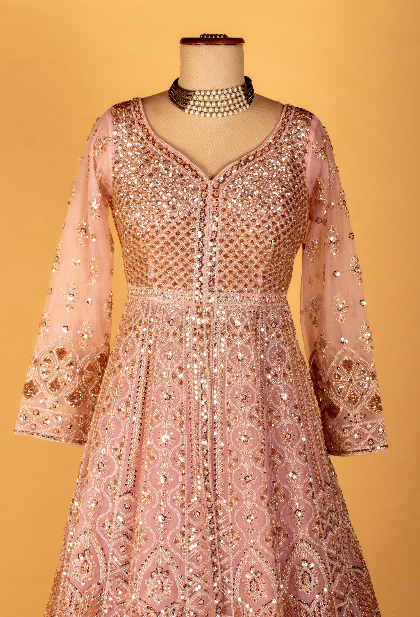 Blush Pink Heavy Embroidered Sequin Work Anarkali Gown with Dupatta