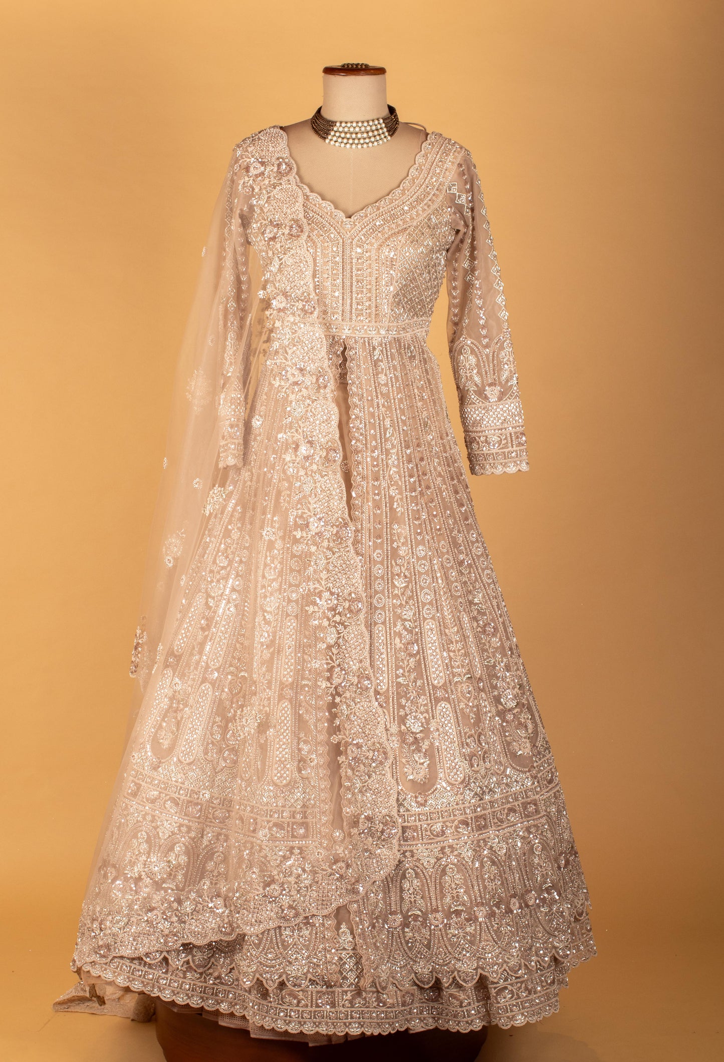 Ivory Heavy 3D Floral Embroidered Sequin Anarkali Gown with Designer Dupatta