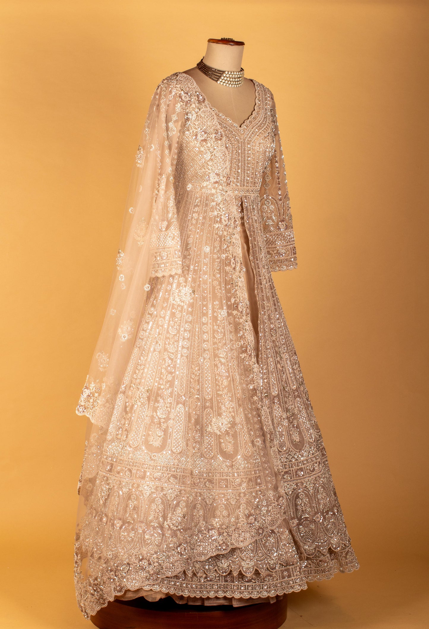 Ivory Heavy 3D Floral Embroidered Sequin Anarkali Gown with Designer Dupatta