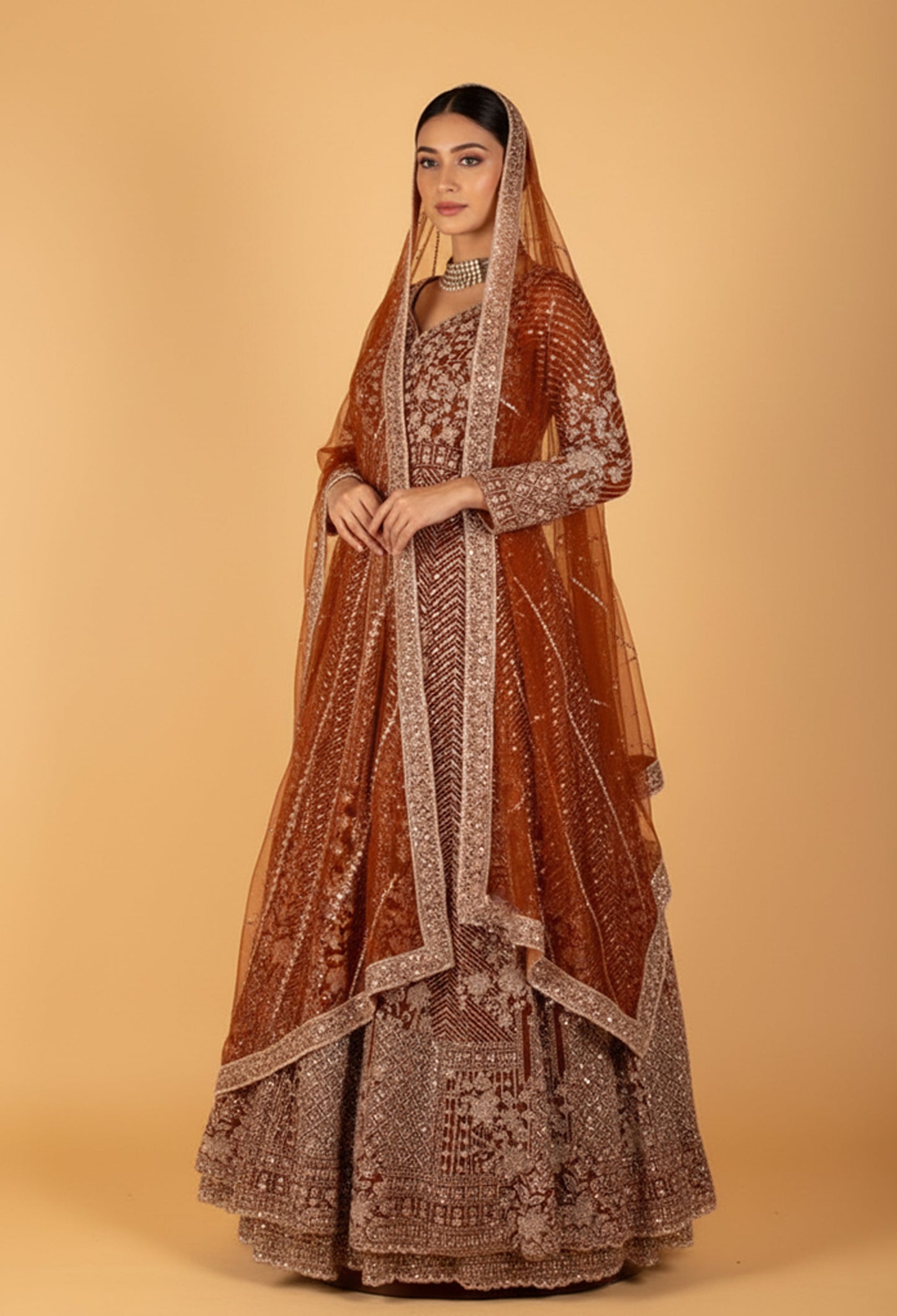 Copper Brown | Copper brown heavy embroidered Anarkali gown with designer dupatta – product image 1 | 1